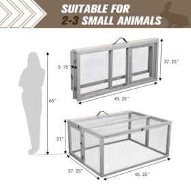 Folding Rabbit Hutch With Perch Pole, Wooden Foldable Guinea Pig Runway, Outdoor Rabbit Cage, Portable, Grey